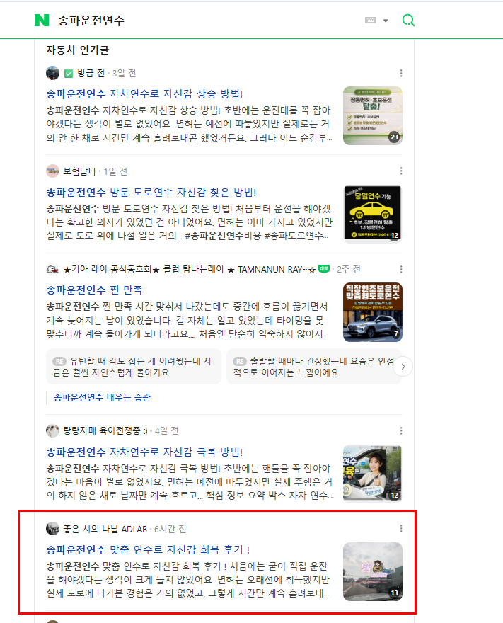 운전연수 네이버 검색 결과 캡처